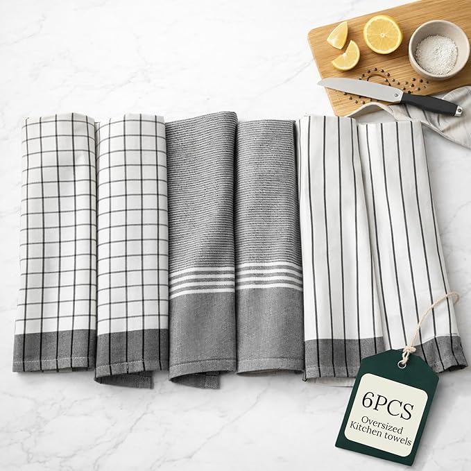 CLOUDSCAPE Kitchen Towels Set of 6 : 18”x28” Cotton Blended Stripe Hand Towels with Hanging Loop - Quick-Drying Dish Towels for Kitchen Essentials, Dish Cloths for Drying & Washing Dishes - Grey