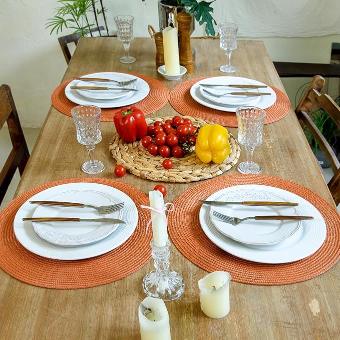 FunWheat Round Braided Placemats Set of 4 Table Mats for Dining Tables Woven Washable Non-Slip Place mats 15 inch(Pumpkin Orange,4pcs)