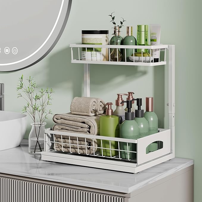 Under Sink Organizer, Cabinet Organizer for Kitchen, Height Adjustable Pull Out Heavy Duty 2 Tier Metal Under Sink Storage for Bathroom Pantry (White, 1 Pack)