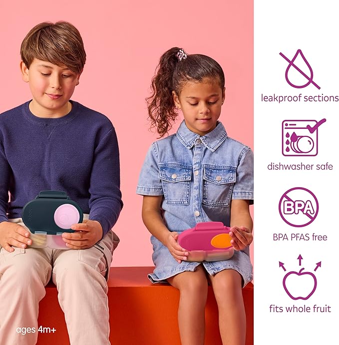 b.box Snack Box 2 Pack - Leak Proof Mini Bento Box for Kids & Toddlers, 2 Compartment Snack Containers for Kids, Dishwasher Safe, BPA Free, PFAS Free, Ages 4m+, 1 3/4 Cup Each (Strawberry + Indigo)