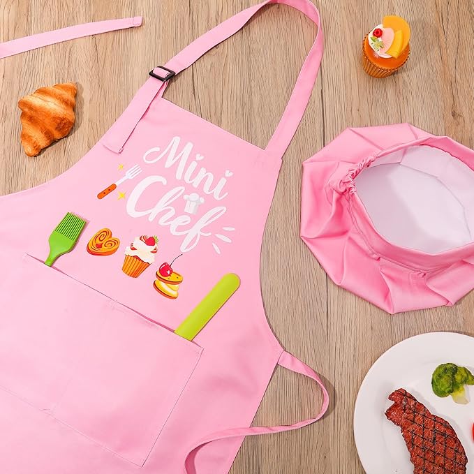 Kids Apron and Chef Hat Set, “Mini Chef” Funny Apron Adjustable Kitchen Apron for Boys and Girls