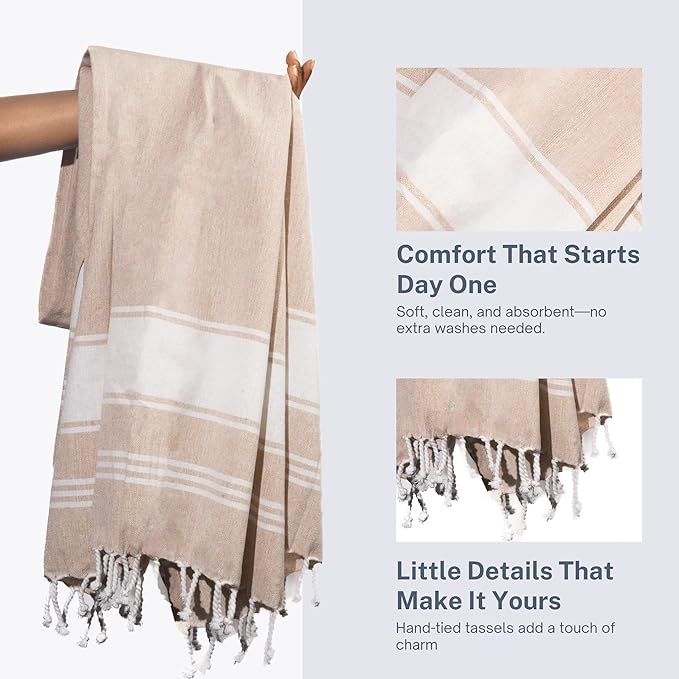 Cotton Turkish Beach Towel with Towels Oversized 36"x72" Pool Absorbent Extra Large Quick Dry Sand Travel Towel (Beige, 4 Pack)