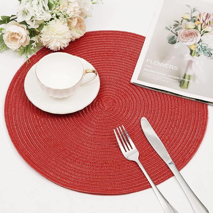 SHACOS Round Braided Placemats Set of 8 Washable 15 inch Round Table Mats Non Slip Woven Place Mats for Christmas Holiday Dining Table Decor (Red, 8)