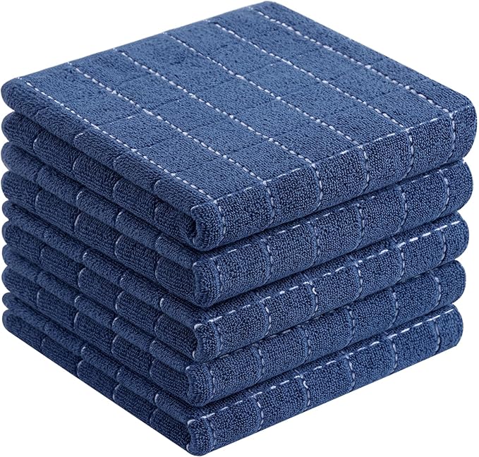 Homaxy 100% Cotton Terry Kitchen Towels(Navy Blue, 13 x 28 inches), Checkered Designed, Soft and Super Absorbent Dish Towels, 5 Pack