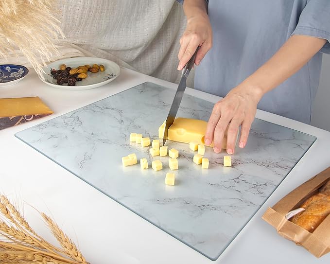 Kitchenville Glass Cutting Board 20”x16”: Tempered Glass Kitchen Counter Protector - Durable- Scratch-Resistant, Heat-Proof - Design 3 - Grey Marble Effect