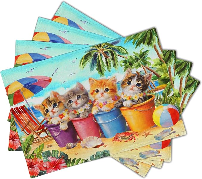 Lovely Cat Linen Placemats Holiday Beach Place Mat Set of 4 Dining Table Decor
