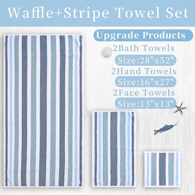 VOOVA & MOVAS Stirpe Towels for Bathroom - Quick Dry | Lightweight | 540GSM,2 Bath 30"x56", 2 Hand 16"x27",2 Washcloths 13"x13",Cotton Blend Towels with Hanging Loops,Blue Gray White Stripe
