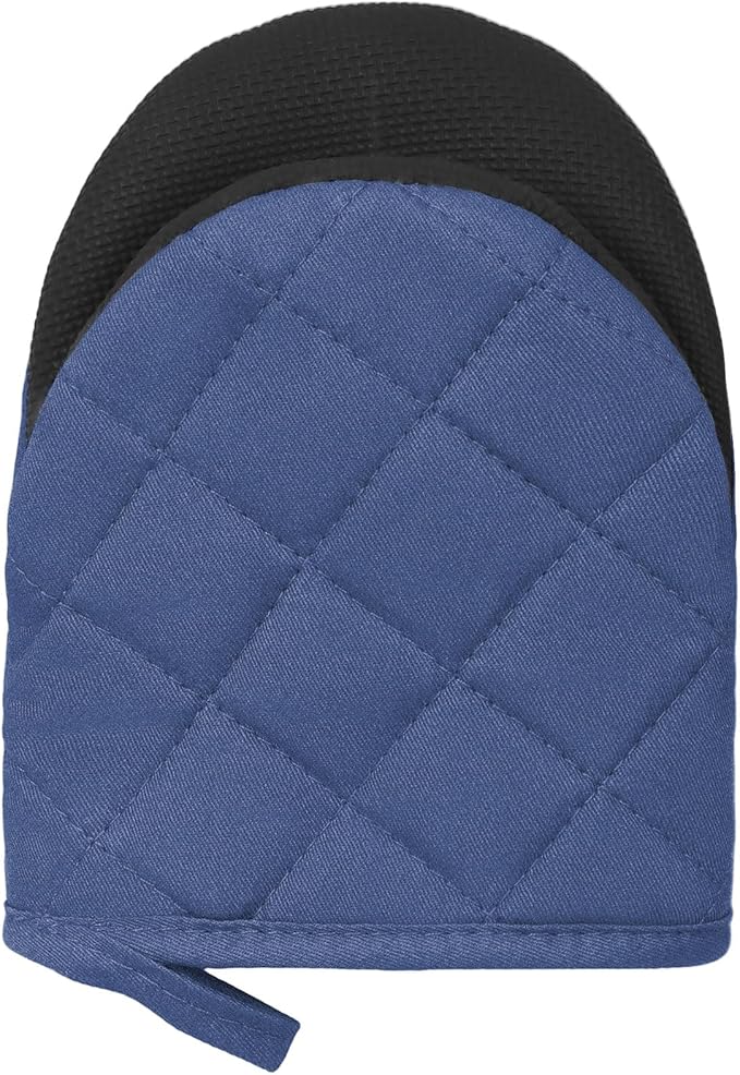 Short Oven Mitts, Heat Resistant 500°F, Silicone Grip Kitchen Gloves, Non-Slip for Baking, Grilling, BBQ, Machine Washable with Hanging Loop, 2-Pack Set, Denim Blue