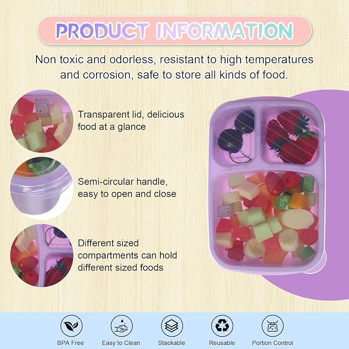 Honeydak 5 Pack Snack Containers 3 Compartment Bento Snack Boxes Divided Meal Prep Containers with Lids Reusable Adults Lunch Food Storage Box for School Work Travel(Ice Cream Color)