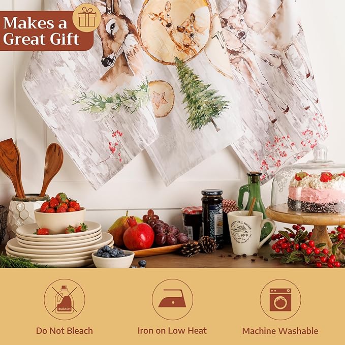 Maison d' Hermine Kitchen Towels Set of 3 100% Cotton 20" x 27.5" Reusable Cloth Tea Dish Towels Absorbent with Hanging Loop for Kitchen Dining Thanksgiving Christmas Decorations (Mountain Life)