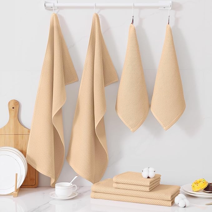 Homaxy 100% Cotton Kitchen Towels and Dishcloths Set, 12 x 12 Inches and 13 x 28 Inches, Set of 8 Bulk Kitchen Towels Set, Ultra Soft Absorbent Dish Cloths for Washing Dishes, Apricot