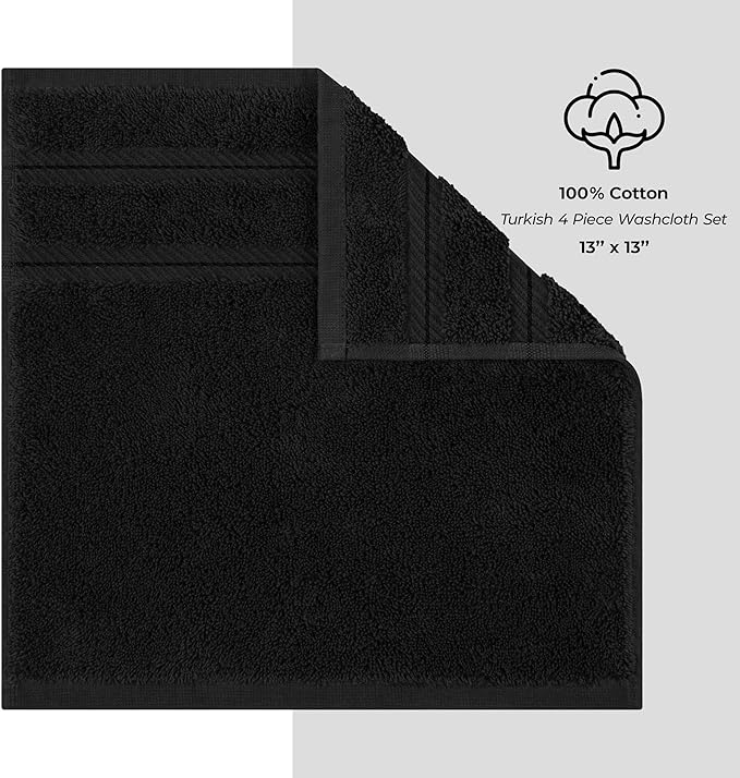 American Soft Linen Luxury Washcloths for Bathroom, 600 GSM 100% Cotton 4 Piece Turkish Wash Cloth Set, 13x13 in Soft Rags for Body and Face, Black Washcloths
