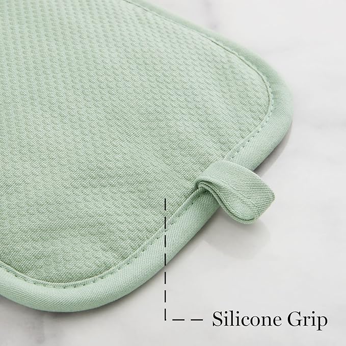 MARTHA STEWART Honeycomb Quilted Chambray Pot Holder 2-Pack Set, 100% Cotton, Flexible Non-Slip Silicone Grip, Heat Resistant, Mint Green, 7"X10"