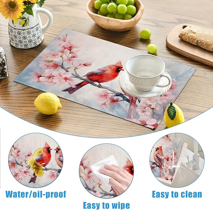 Red Cardinal Pink Cherry Blossom Placemats Set of 6, Spring Bird Branches Washable Linen Place Mat Heat Resistant Non Slip Kitchen Dining Table Mats 12x18 Inch