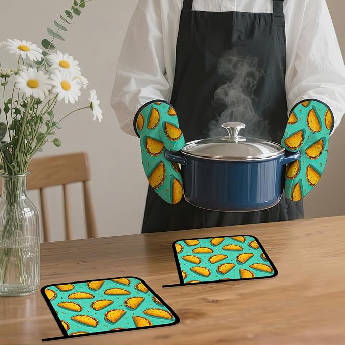 Mexican Taco Oven Mitts and Pot Holders Set,Kitchen Oven Gloves and Pot Holder with Heat Resistant Non Slip for Cooking Baking Grilling(4 Piece Set)