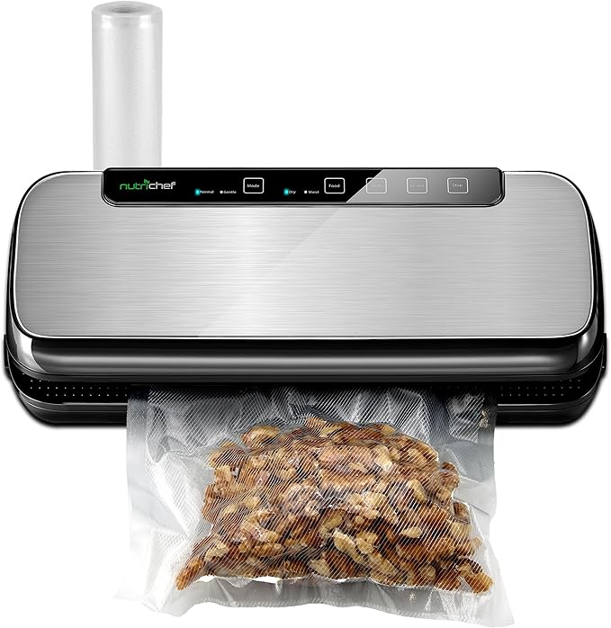 NutriChef Food Vacuum Sealer Machine, 110W Stainless Steel Automatic Chamber Vacuum Sealer with LED Touch Controls, For Food Storage, 5 Reusable Vacuum Bags, Hose & Wine Stopper, 14" x 6" x 3"