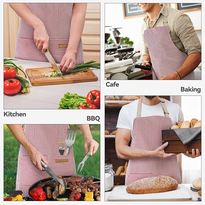 NLUS 2 Pack Cooking Aprons for Women with Pockets, Adjustable Kitchen Bib Aprons Chef Aprons for Women Men(Red Pinstripes)