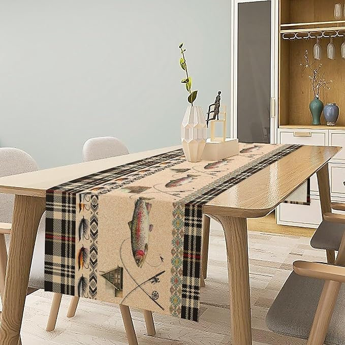 Vintage Fishing Table Runner Rustic Cabin Rods Lure Southwestern Check Art Printed Dinner Runner for Home Kitchen Dining Table Decor Fabric 1 Panel W13xL90in