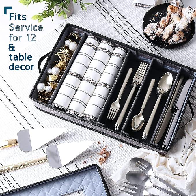 Flatware & Utensil Storage, Durable Silverware Storage Box with Padded Dividers, 5 Compartment Flatware Storage Case, Silverware Case with Handles, Protects and Organizes Cutlery, Grey