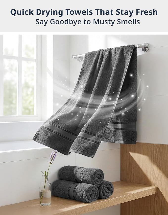LANE LINEN 100% Cotton Bath Towels Set of 4 (28"x54") - Zero Twist, Mercerized Cotton Extra Large Bathroom Towel Sets - Quick Dry, Soft & Absorbent Grey Towels Set - Pre Shrunk, Fade Resistant - Grey