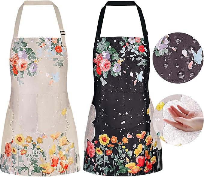 DILLMAN 2 Pack Floral Aprons with Pocket Blooming Womens Waterproof Adjustable Cooking Aprons Kitchen Gardening Salon