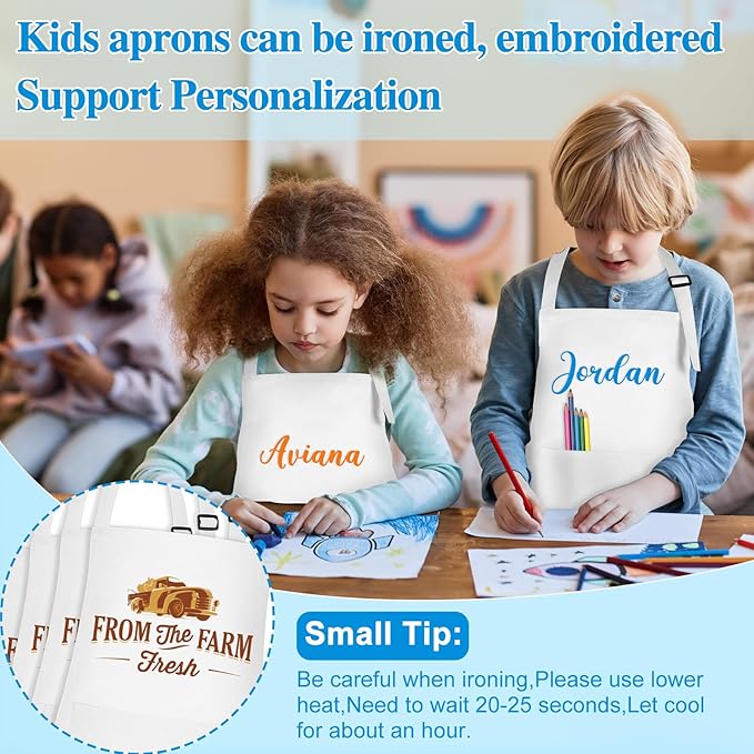 12 Pack Kids Apron bulk with 2 Pockets Adjustable Chef Art Apron Kids Painting Aprons for Cooking Baking Painting Crafting Grilling Activity（White）