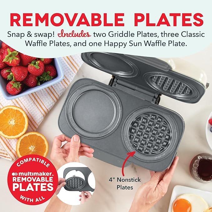 Dash MultiMaker® Double Mini Maker System - Dual Ceramic Nonstick Cooking Surfaces - Built-In Cord Wrap - Makes 4-Inch Waffles - Cream, 6 Plates