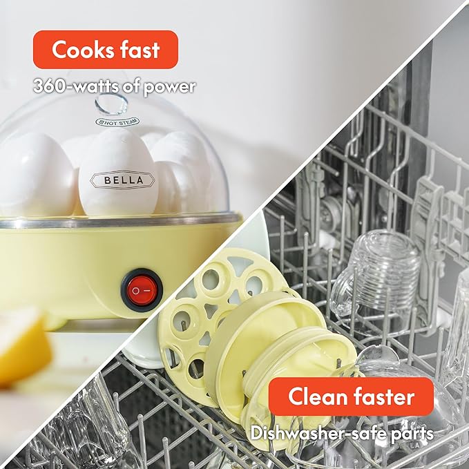 BELLA Egg Cooker, Rapid Boiler & Poacher, Meal Prep Essential, Family Sized Meals: Make Up To 7 Large Boiled Eggs, Dishwasher Safe Lid with Cool-Touch Handles, Poaching Tray Included, Yellow