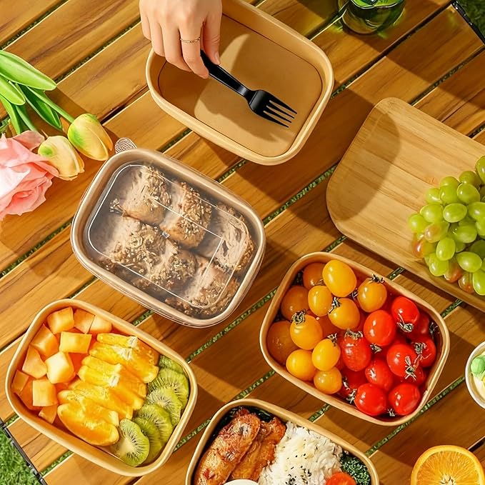 TINSKY 50 Pack 32 Oz Large Paper Bowls with Lids and Forks, Cardboard Take Out To Go Meal Prep Containers Disposable Compostable Food Containers for Party