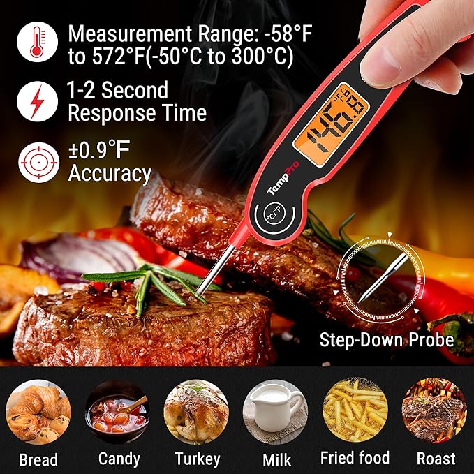 TempPro TP605 Instant Read Meat Thermometer for Cooking, Waterproof Digital Food Thermometer with Large Backlit LCD, Kitchen Thermometer for Grilling, Smoking & Candy Making (Previously ThermoPro)