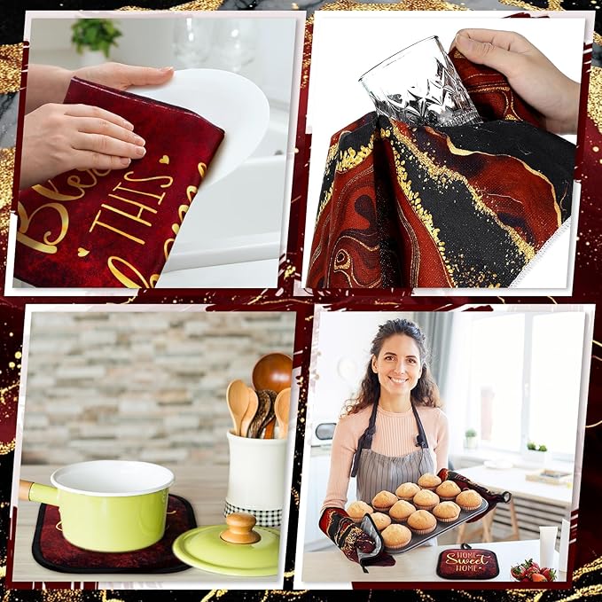 Fourluoo 10 Pcs Kitchen Dish Towels Rugs Oven Mitts and Pot Holders Kit Farmhouse Kitchen Decor Set Gloves Vintage Potholders for Baking Cooking Chef(Red,Modern)