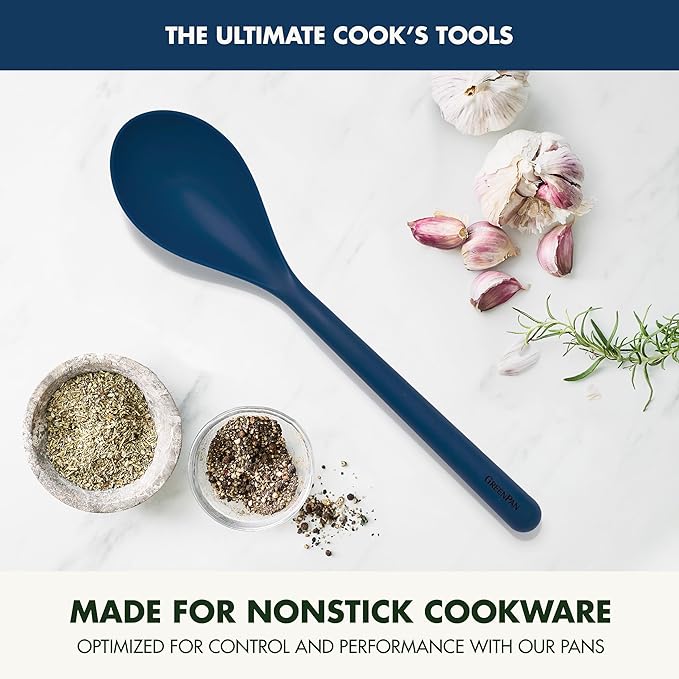 GreenPan Silicone Solid Spoon, Mixing Stirring Serving, Cooking Kitchen Utensil, Flexible Rubber Nonstick Cookware, Rigid Steel Core, Heat-Resistant, Anti-Slip Handle, BPA-Free, Dishwasher Safe, Blue