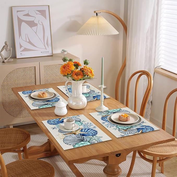 Sea Shell Starfish Beach Placemats Set of 4, 12x18 Inch Seasonal Spring Ocean Coastal Washable Linen Nautical Table Mats for Party Kitchen Dining Decoration