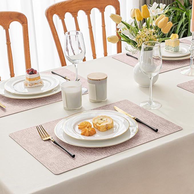 Romanstile Vinyl Placemats Set of 8-12 X 17 Inch - Faux Leather 100% Waterproof Oil-Proof Wipeable Place Mats, Heat Resistant Reversible PU Table Mats for Kitchen Dining Party Outdoor, Pink