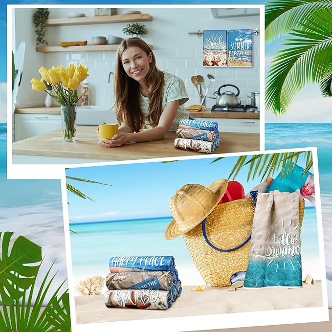 Breling Set of 6 Summer Beach Kitchen Towels Vintage Themed Dish Towel Bathroom Decorative Rustic Cloths Tea Towels for Kitchen Bathroom Home Cooking Housewarming Gifts, 14 x 21 inch