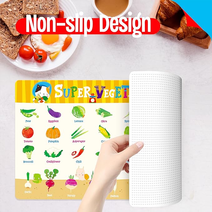 6 Pack Placemats for Kids, Non-Slip Washable Table Mats, Reusable Food Themed Dining Mats - Fruits, Vegetables, Snacks, Candies, Everyday Meal, Educational Placemats for Home, Classroom, Nursery