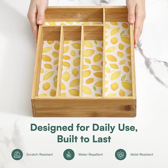 Pristine Bamboo Drawer Organizer - Silverware Organizer with 5 Slots, Lemon Print