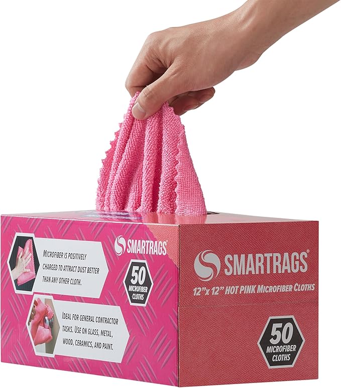 Arkwright Smart Rags Microfiber Cleaning Cloths Bulk, Case of 400, Lint Free 180 GSM Reusable Towels for Auto, Office and Household Cleaning, 12 x 12 in, Pink