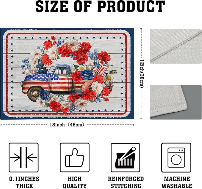 Patriotic Truck Linen Placemat Sets American Flag Flowers Place Mat for Home Dining Tabletop Decor
