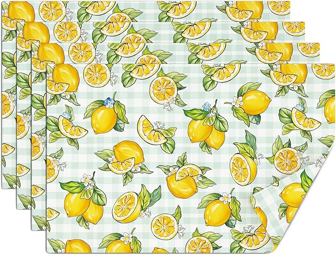 comfoyar Summer Lemon Placemats Set of 4, 12x18 Inch Non-Slip Linen Flower Leave Place Mats, Washable Absorbent Plaid Table Mats for Kitchen Dining Party Table Decoration
