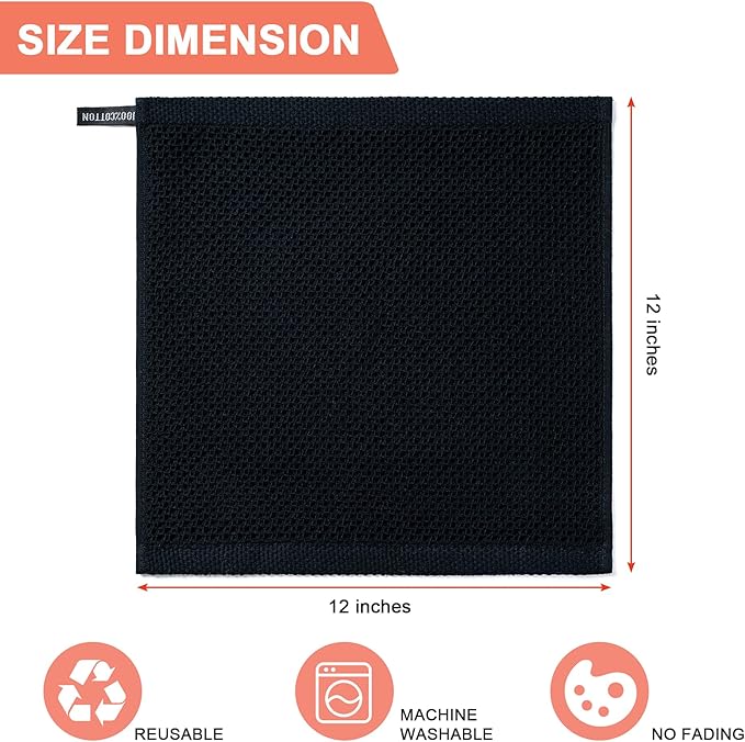 BOOMIBOO 6-Pack Kitchen Dish Cloths, 100% Cotton Waffle Weave, Ultra Soft Absorbent, Quick Drying Dish Towels, 12x12 Inches, Black