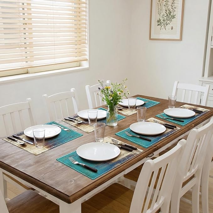 Emvency Farmhouse Placemats Set of 6, Abstract Teal Coastal Rustic 12x18 Inch Linen Rectangular Place Messy Rust Vintage Table Mats for Indoors & Outdoor Home Party Kitchen Dining Decoration
