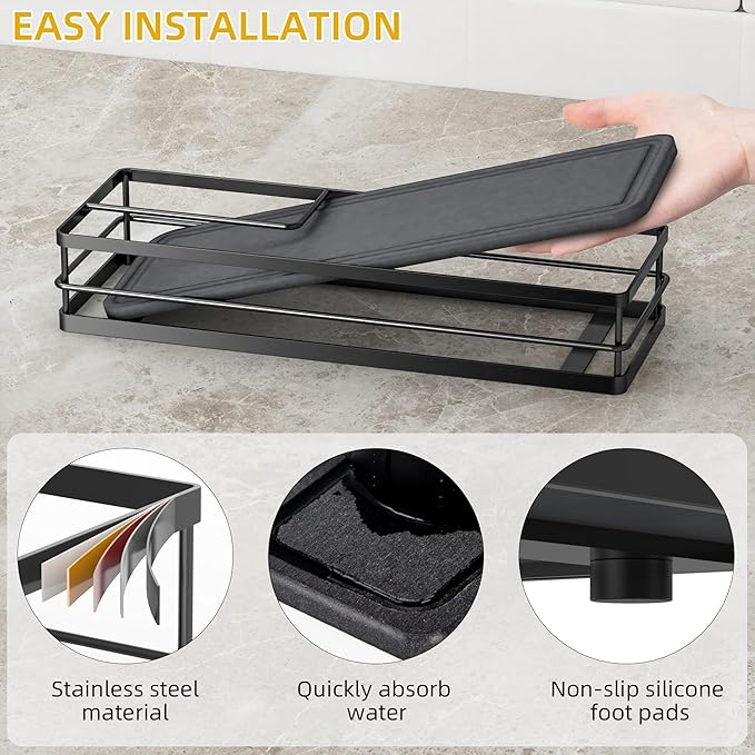 Galasily Sink Caddy Organizer with Water Absorbing Stone Tray, Instant Dry Sponge Holder Smiley Face, Dish Brush Holder for Countertop, Kitchen Storage Accessories and Organization Essentials (Black)