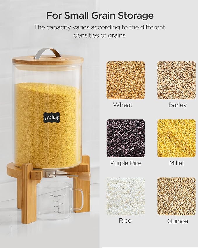 14-16 lbs Glass Rice Dispenser with Wooden Stand Flour and Cereal Container with Glass Measuring Cup & Labels & Slider mat Pantry Food Organization Storage Bin with Airtight Bamboo Lid, 8L