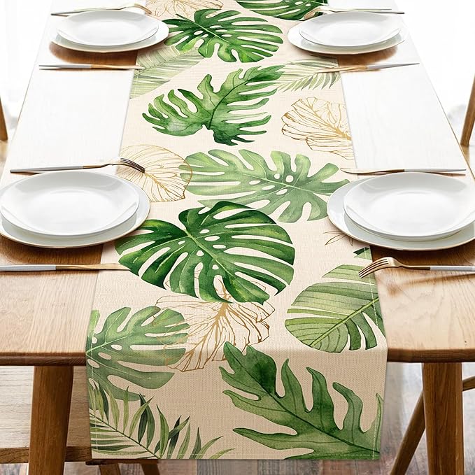 Seliem Summer Palm Leaves Tropical Greenery Table Runner, Monstera Home Kitchen Dining Plant Decor, Spring Seasonal Decorations Indoor Outdoor Hawaii Luau Anniversary Party Supply 13 x 36 Inch
