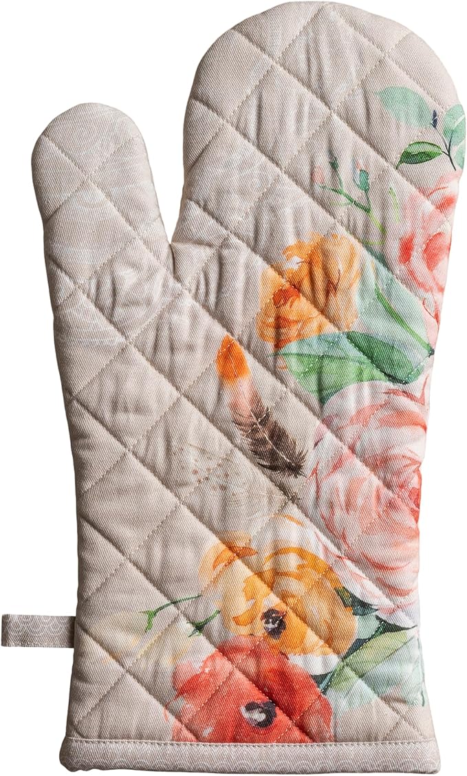 Maison d'Hermine Oven Gloves 100% Cotton Oven Mitt 7" x 13" with Loop Heat Resistant BBQ Cooking Gloves Baking Grilling Gifts for Mothers Day Spring/Summer (Pack of 1, Ibiza - Beige)