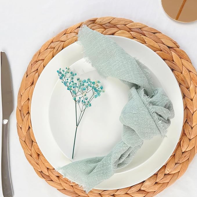 Cotton Blend Fringe Cloth Napkins - Crinkle Gauze Dinner Napkins, Reusable & Washable Table Napkins, 17" x 17" (43 x 43 cm), Multiple Colors, 12/24/48/100 Pack (12, Sage Green)