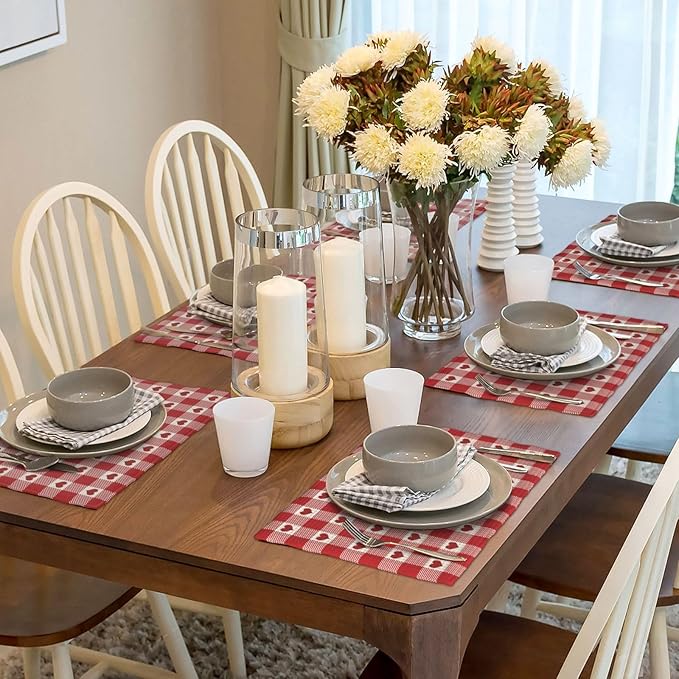 Valentines Placemats Set of 4 Red Pink Love Heart Buffalo Plaid Decor Place Mats 12x18 Inch Gingham Anniversary Wedding Holiday Linen Table Mats for Home Kitchen Dining Party Table Decoration