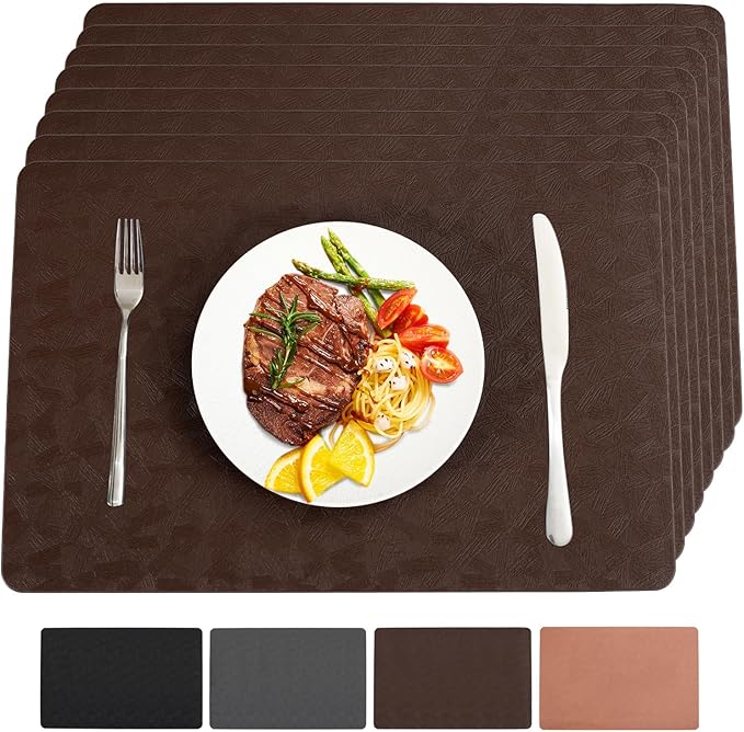 Vinyl Placemats Set of 8 Heat Resistant Easy Clean Non-Slip Place Mats for Dining Table Faux Leather Waterproof Stain Resistant Wipeable Washable PVC Table Mats(8, Brown)