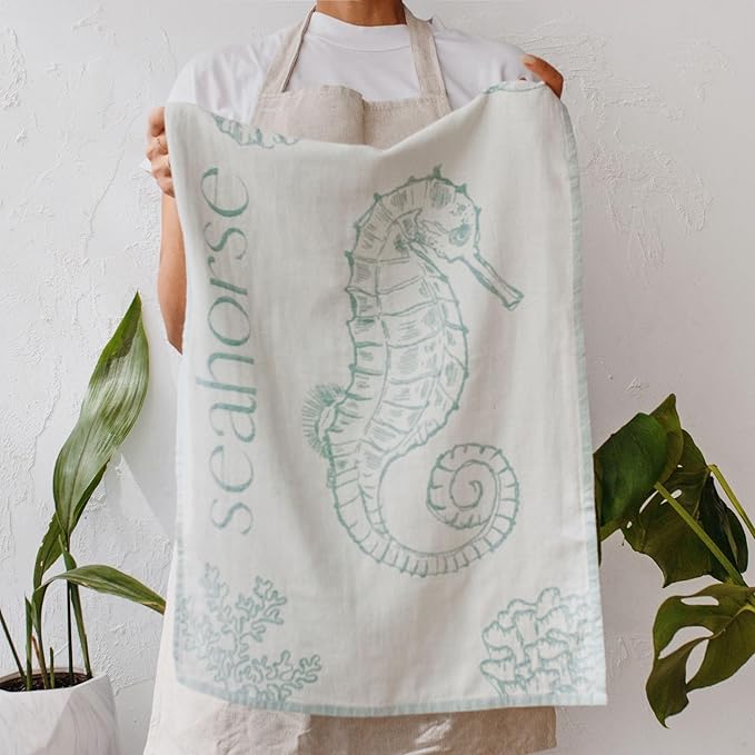 Nautical Kitchen Towels with Ocean-Themed Designs – 100% Turkish Cotton Jacquard Tea Towels with Octopus, Crab, Seahorse & Jellyfish Designs – Soft, Absorbent & Decorative Dishcloths (Sea Life)